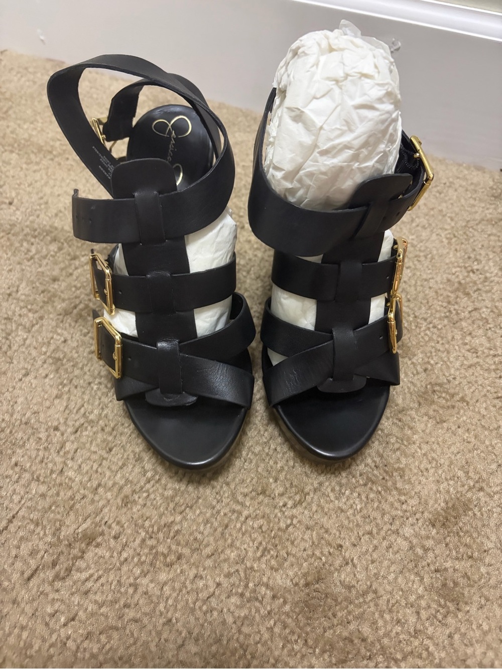 Jessica Simpson Black Multi-Strap Heeled Sandals with Gold Buckles